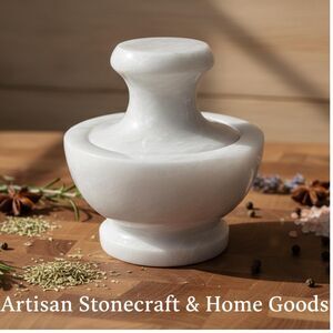 Marble Mushroom Mortar & Pestle Set, Herb Grinder Kitchen Decor, white marble